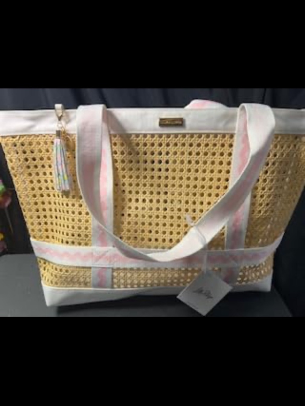 New Lilly Pulitzer Natural Woven Large Travel Tote with Pink & White Trim - Picture 12 of 13
